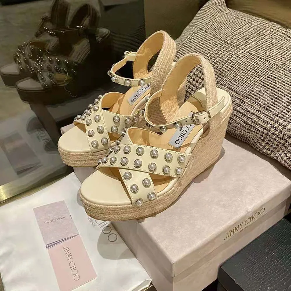 Jimmy Choo Dellena 100 Latte Nappa Wedges with Pearls for Women Jimmy Choo Dellena 100 Latte Nappa Wedges with Pearls for Women