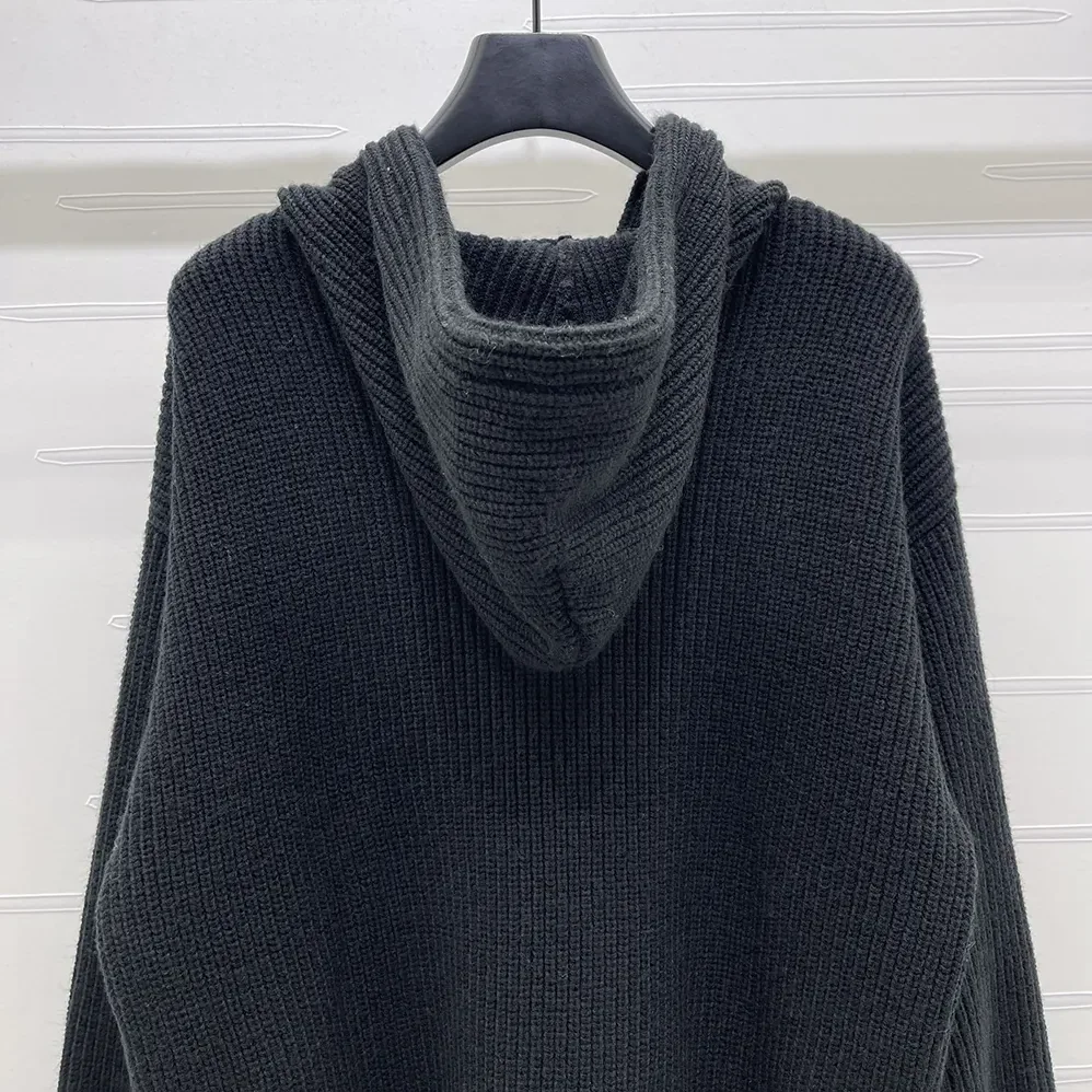Celine Hooded Cardigan in Ribbed Wool for Women in Black