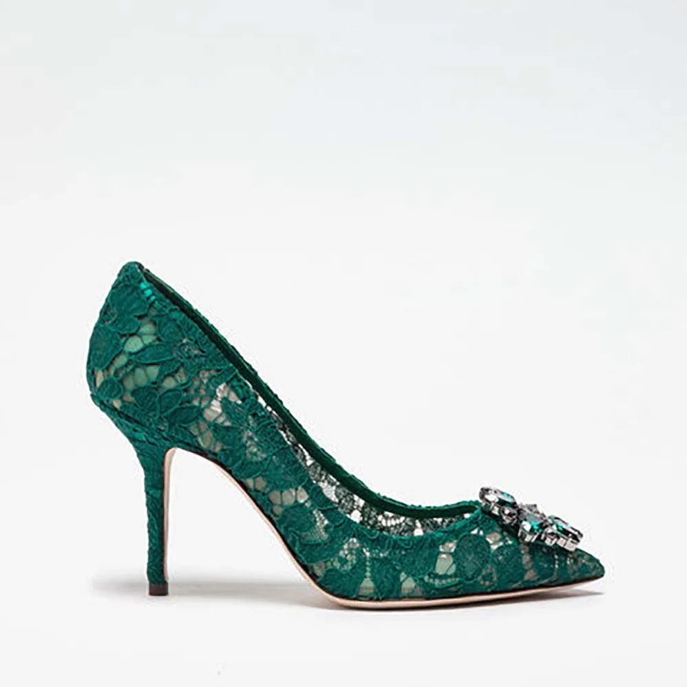 Dolce Gabbana D&G Shoes Pump in Taormina Lace with Crystals 90mm Heel for Women in Green Dolce Gabbana D&G Shoes Pump in Taormina Lace with Crystals 90mm Heel for Women in Green