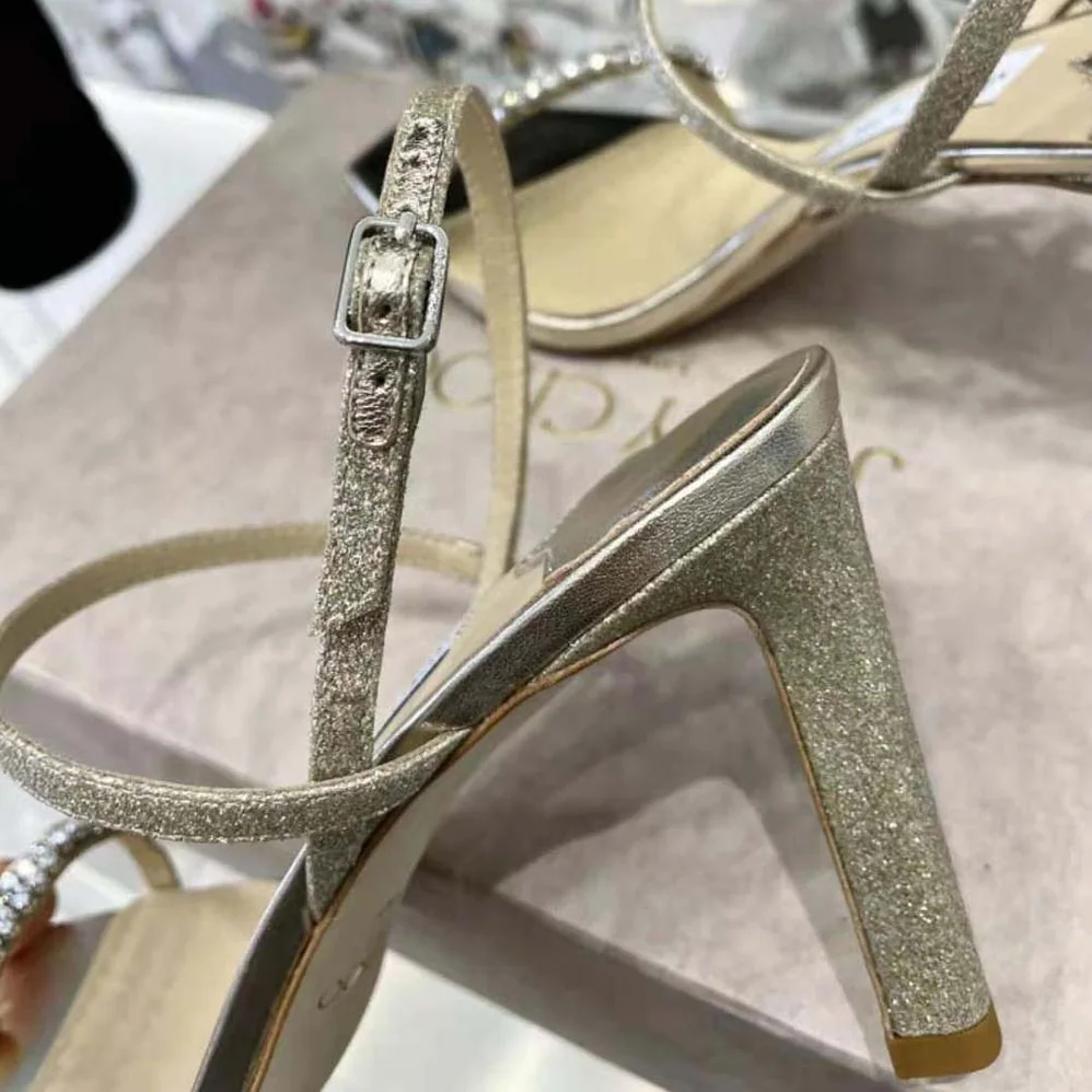 Jimmy Choo Meira 85 Platinum Lce Dusty Glitter Sandals for Women