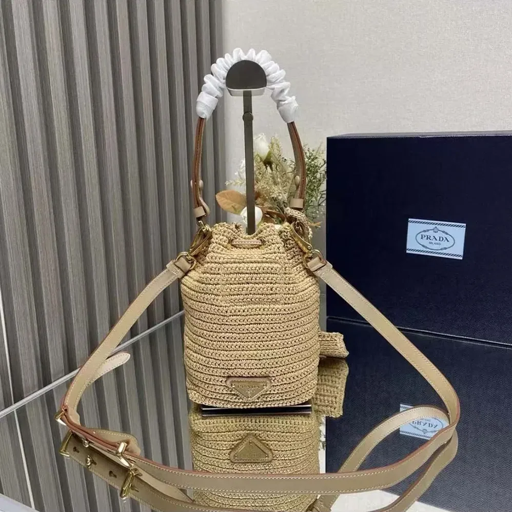 Prada Mini Crochet and Leather Bucket Bag for Women in Natural