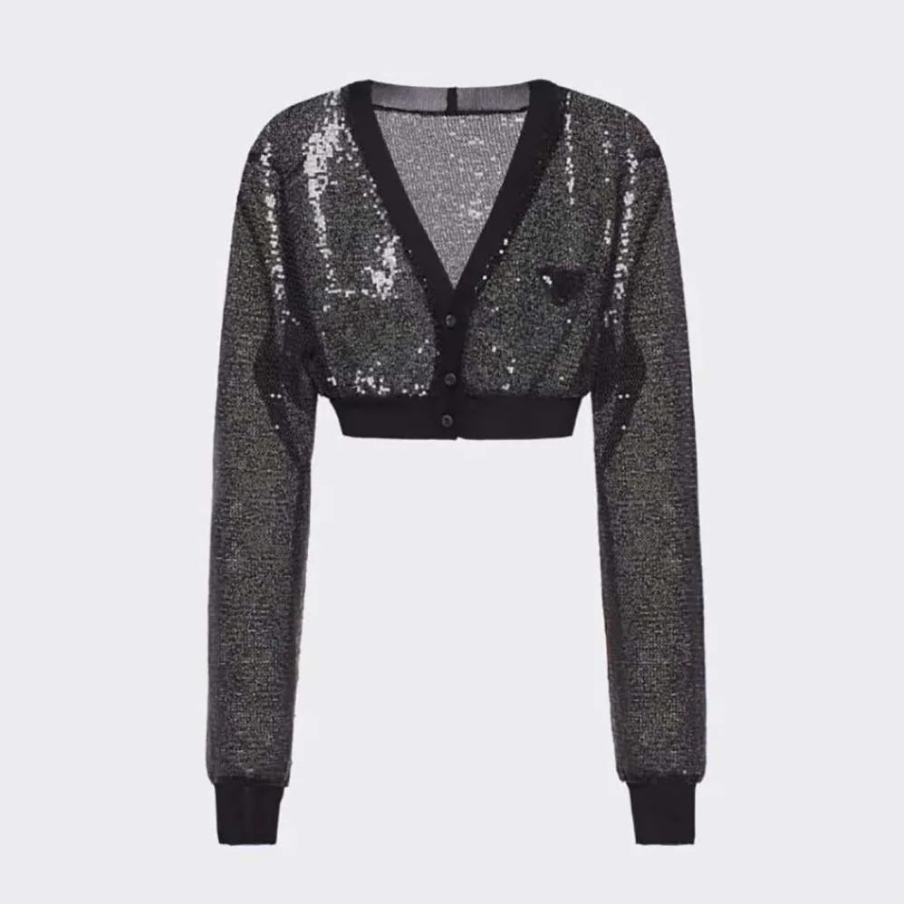 Prada Sequin-Embroidered Tulle Crop Top for Women in Black Prada Sequin-Embroidered Tulle Crop Top for Women in Black