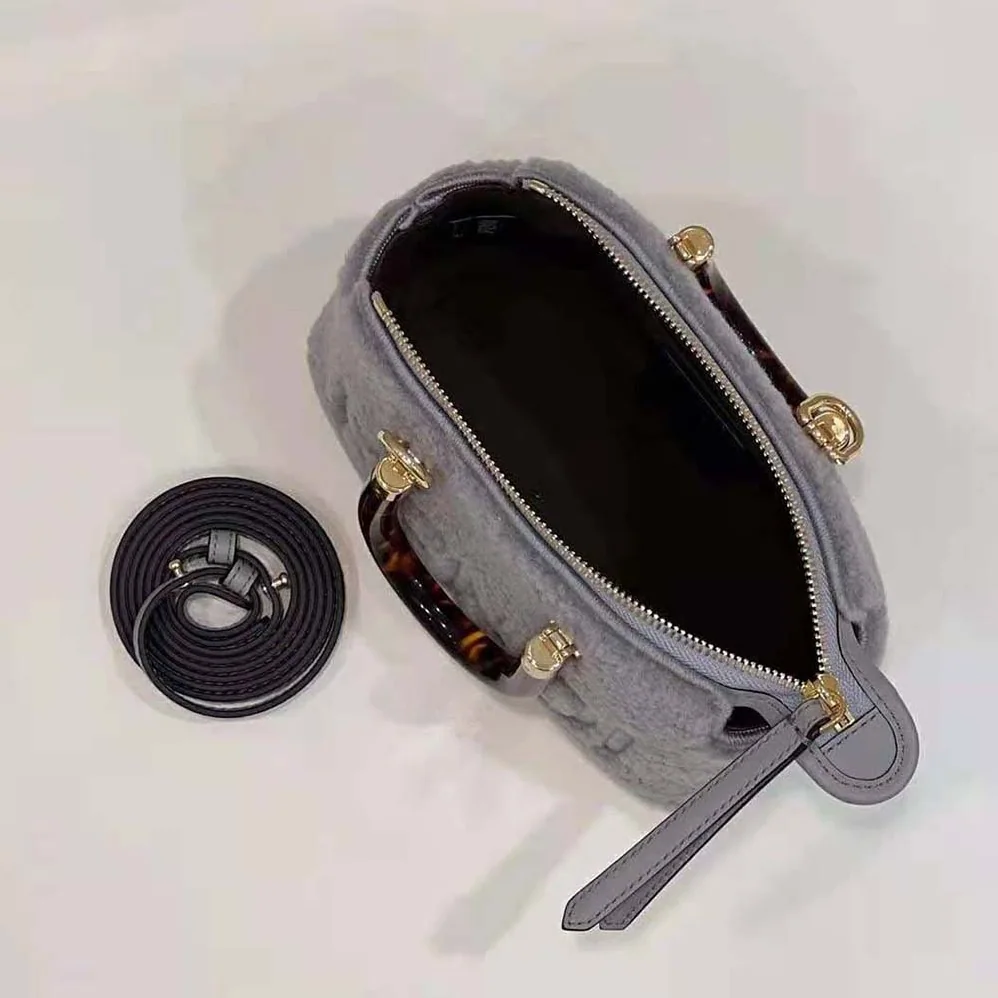 Fendi By The Way Mini Light Gray Sheepskin Small Boston Bag for Women Fendi By The Way Mini Light Gray Sheepskin Small Boston Bag for Women