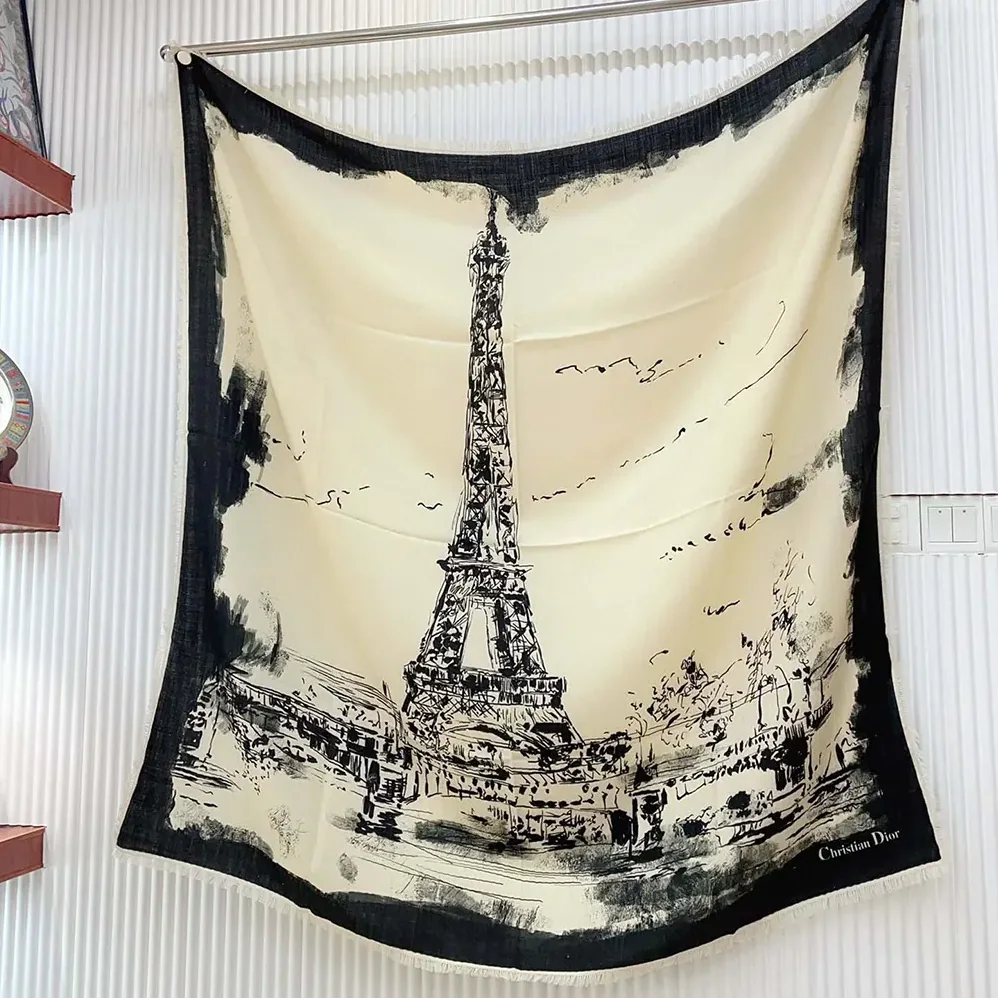 Dior Paris 90 Square Scarf Ecru and Black Silk Twill for Unisex