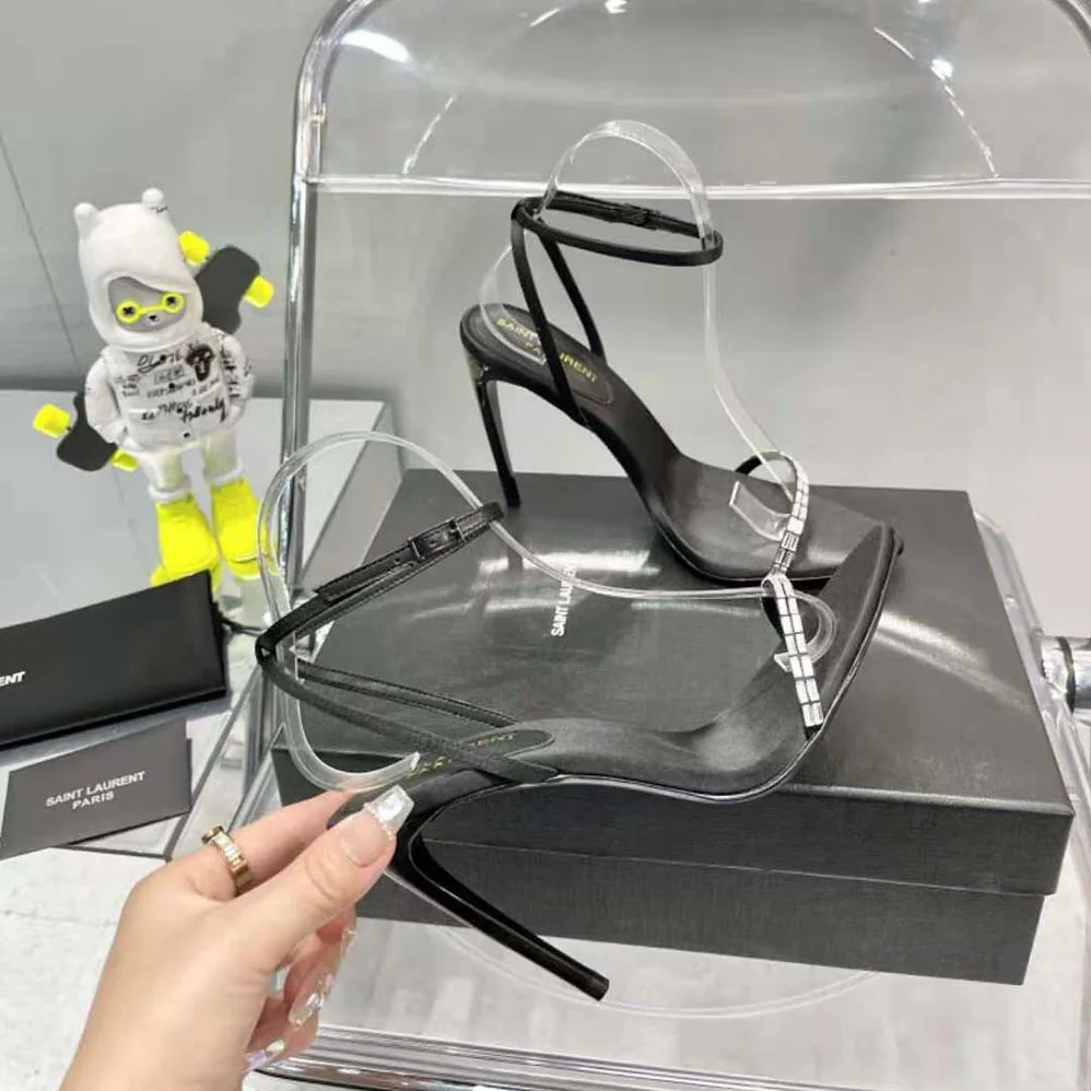 Saint Laurent YSL Gloria Sandals in Crepe Satin with Rhinestones for Women