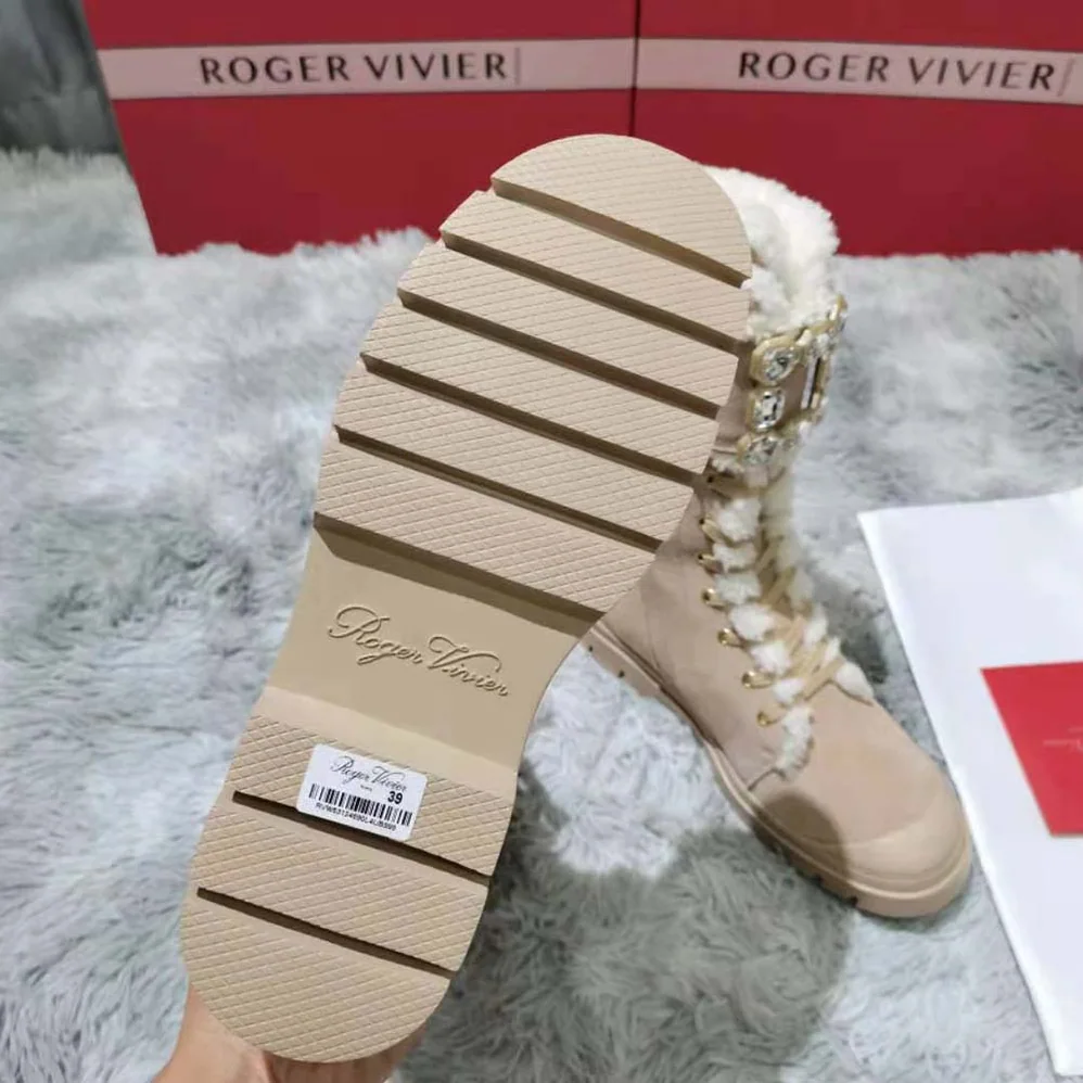 Roger Vivier Walky Viv' Lace Up Shearling Strass Buckle Booties in Suede for Women Roger Vivier Walky Viv' Lace Up Shearling Strass Buckle Booties in Suede for Women