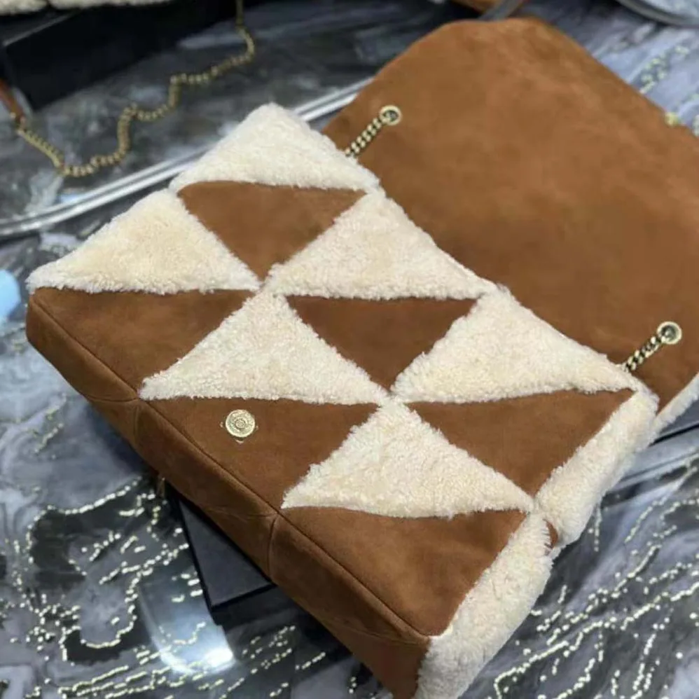 Saint Laurent YSL Jamie Giant Chain Bag “Carré Rive Gauche” in Suede and Shearling Patchwork for Women in Brown Saint Laurent YSL Jamie Giant Chain Bag “Carré Rive Gauche” in Suede and Shearling Patchwork for Women in Brown