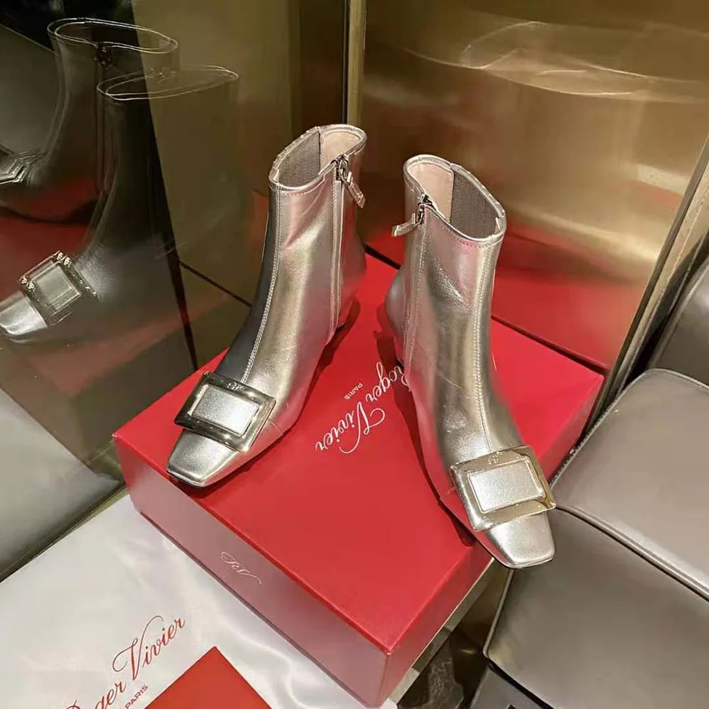 Roger Vivier Belle Vivier Metal Buckle Chelsea Booties in Soft Leather for Women