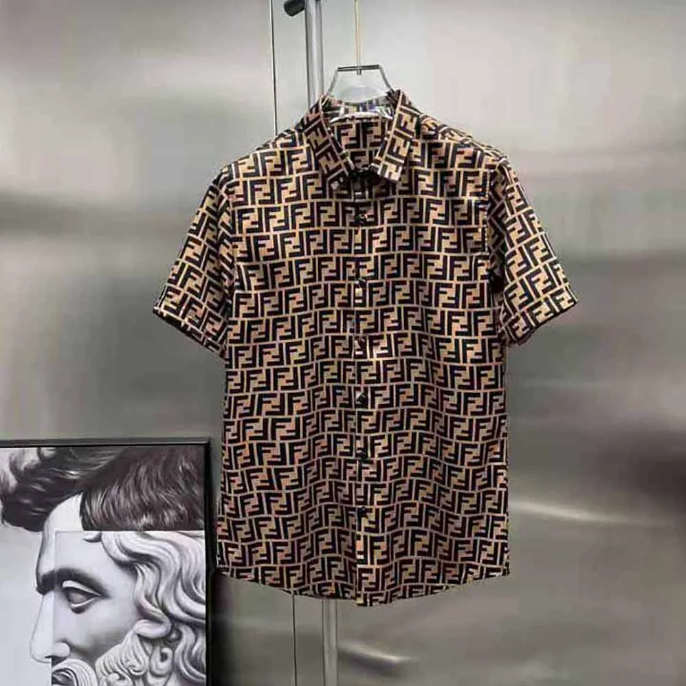 Fendi Brown Silk Shirt with FF Motif Printed All Over for Men Fendi Brown Silk Shirt with FF Motif Printed All Over for Men