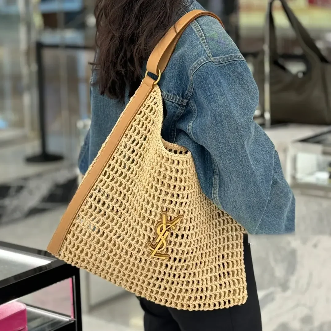 Saint Laurent YSL Oxalis in Raffia Crochet and Leather for Women