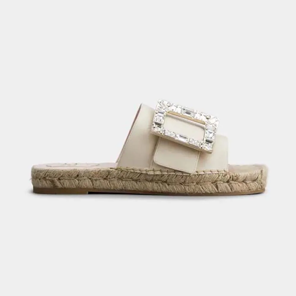 Roger Vivier Strass Buckle Espadrille Mules in Soft Leather for Women Roger Vivier Strass Buckle Espadrille Mules in Soft Leather for Women