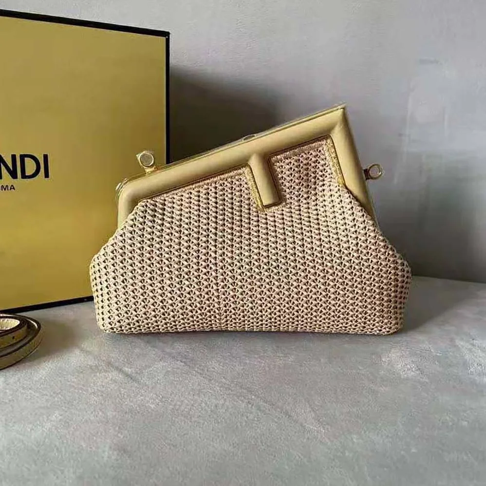 Fendi First Small Beige Raffia Macrame Bag for Women Fendi First Small Beige Raffia Macrame Bag for Women
