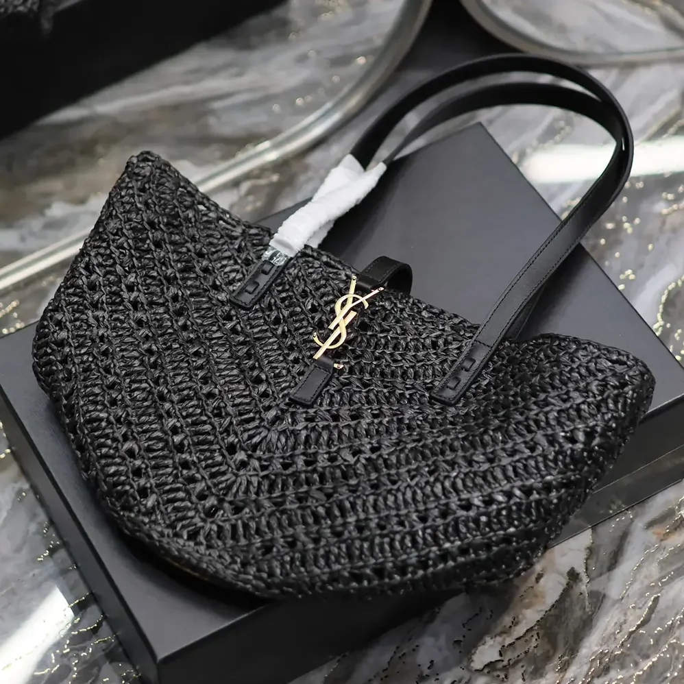 Saint Laurent YSL Panier Small in Raffia and Vegetable-tanned Leather for Women in Black