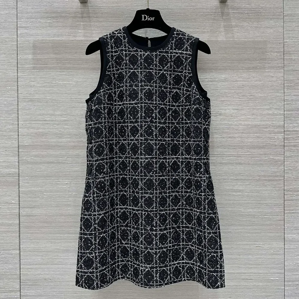Dior Macrocannage Sleeveless Tunic Black and White Cotton Blend Tweed for Women
