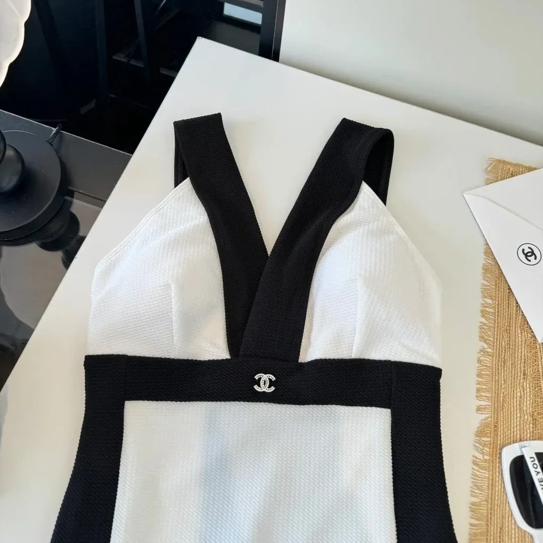 Chanel Color-Block Textured One in Piece Swimsuit Black/ White