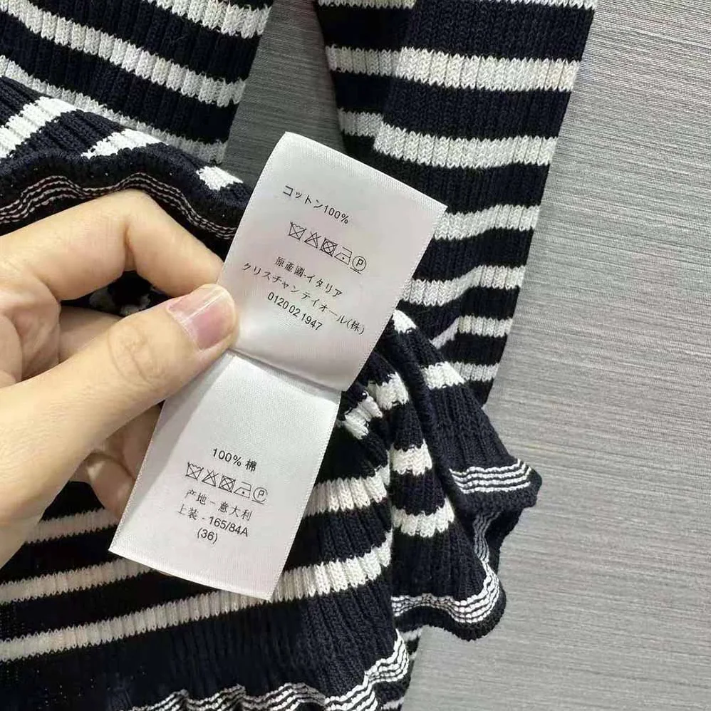 Dior Sweater Navy Blue and White Cotton Ribbed Knit with Signature for Women