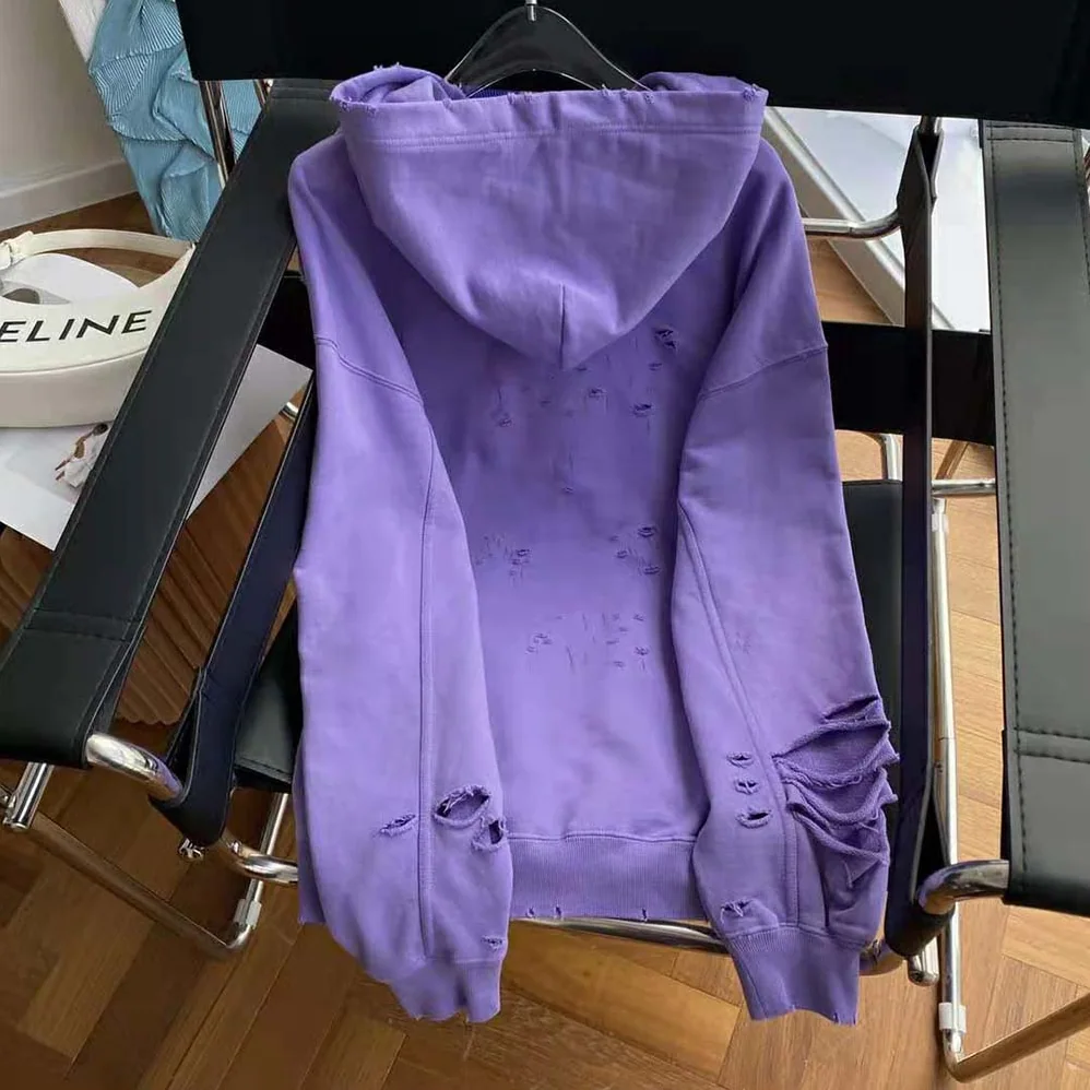 Balenciaga Caps Destroyed Hoodie in Purple for Women Balenciaga Caps Destroyed Hoodie in Purple for Women