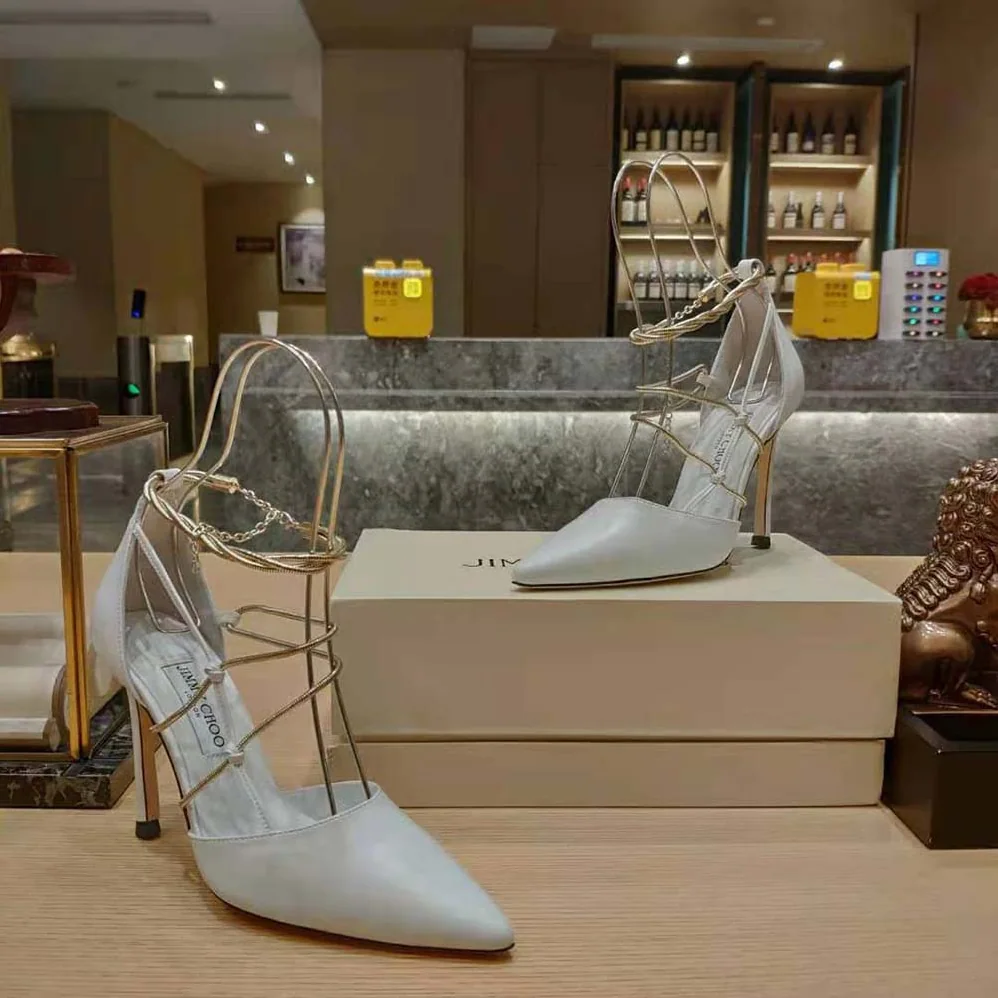 Jimmy Choo Olesia 95 Latte Nappa Pumps with Gold Chains for Women Jimmy Choo Olesia 95 Latte Nappa Pumps with Gold Chains for Women