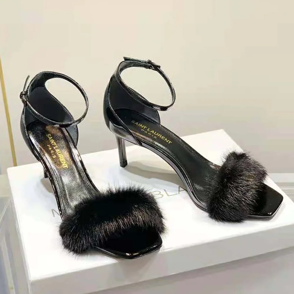 Saint Laurent YSL Bea Sandals in Patent Leather and Mink for Women Saint Laurent YSL Bea Sandals in Patent Leather and Mink for Women