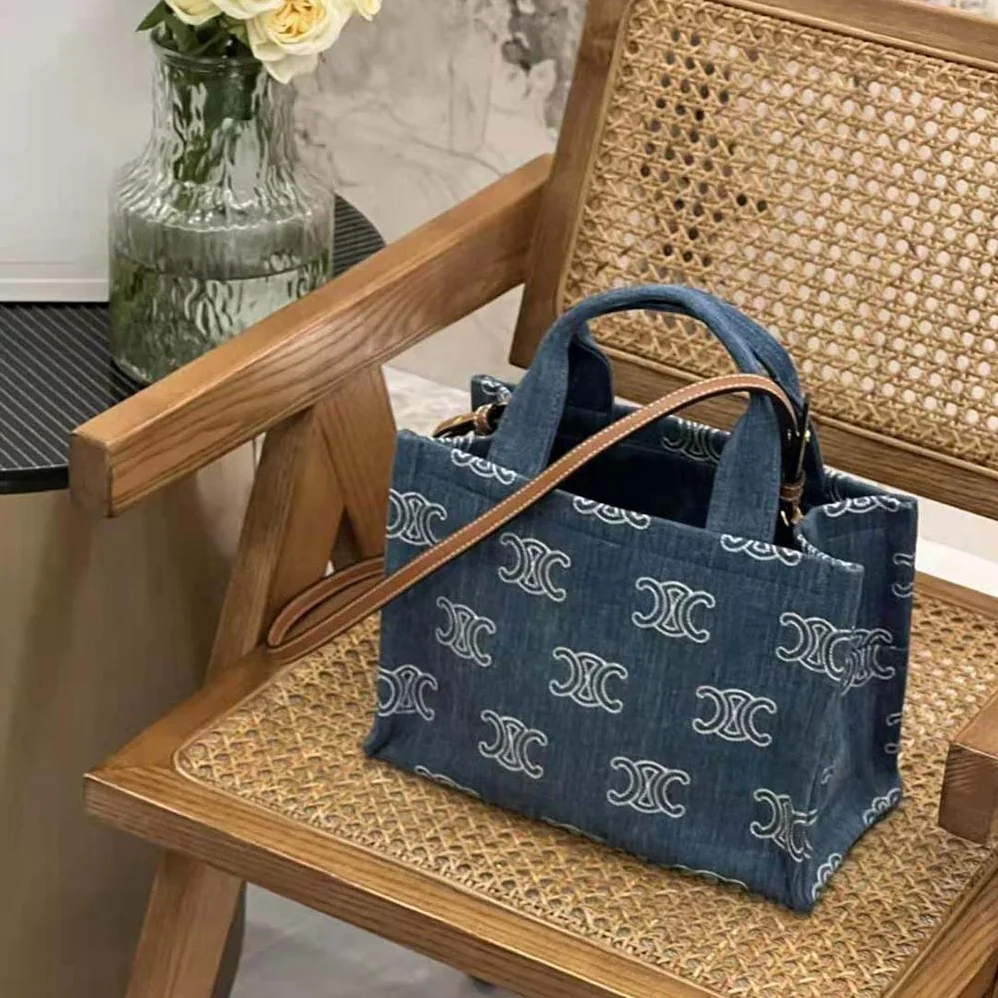 Celine Small Cabas Thais in Denim with Triomphe all for Women in over Embroidery and Calfskin Celine Small Cabas Thais in Denim with Triomphe all for Women in over Embroidery and Calfskin