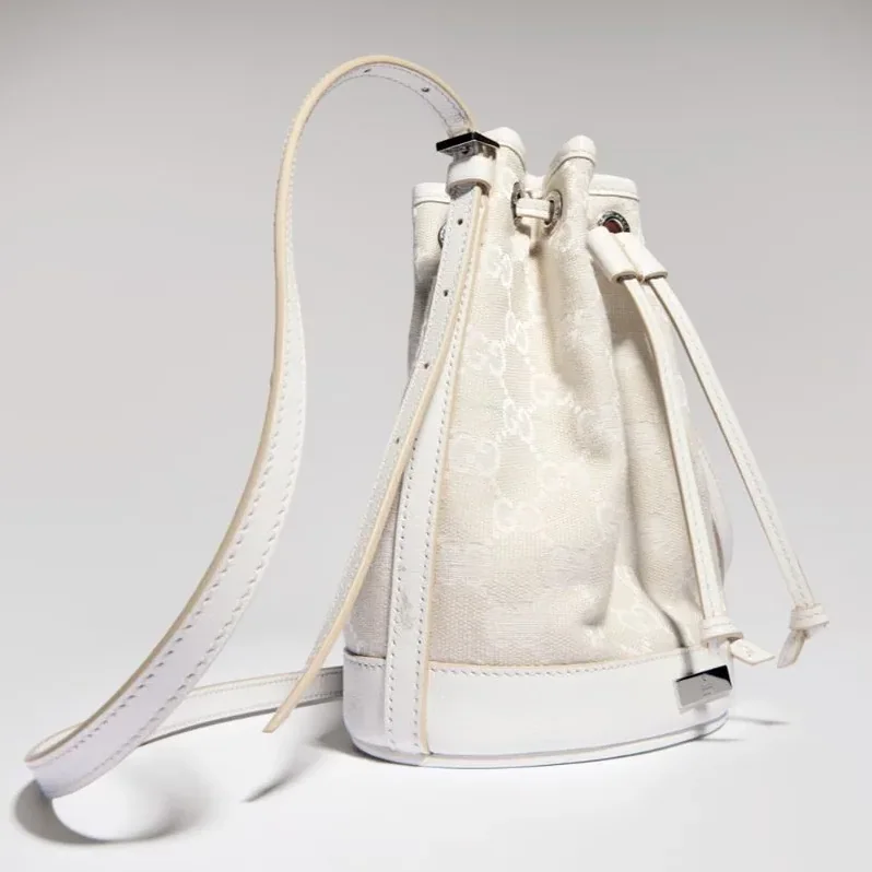 Gucci Bucket With Plaque Mini Shoulder Bag in Ivory Denim Palladium Hardware Gucci Bucket With Plaque Mini Shoulder Bag in Ivory Denim Palladium Hardware