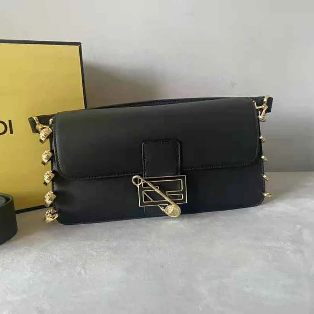 Fendi Baguette Brooch Fendace Black Leather Bag for Women
