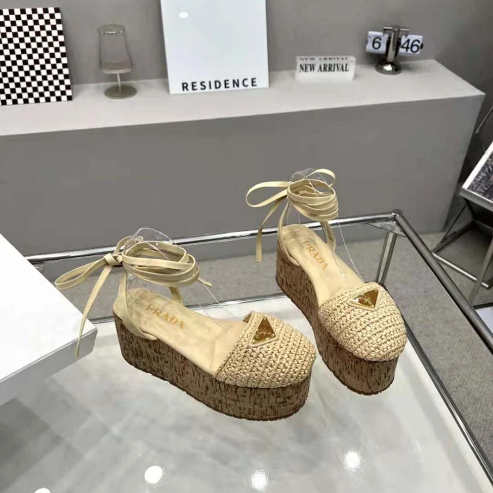 Prada Crochet Wedge Sandals with Enameled Metal Triangle Logo for Women in Beige Prada Crochet Wedge Sandals with Enameled Metal Triangle Logo for Women in Beige