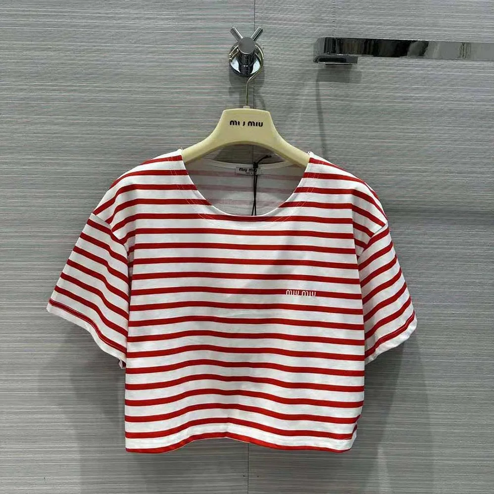 Miu Miu Cotton T-shirt with Printed Logo for Women in Red Miu Miu Cotton T-shirt with Printed Logo for Women in Red