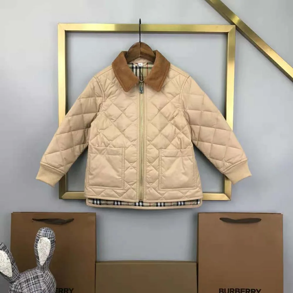Burberry Kids' Corduroy Collar Diamond Quilted Jacket in Beige