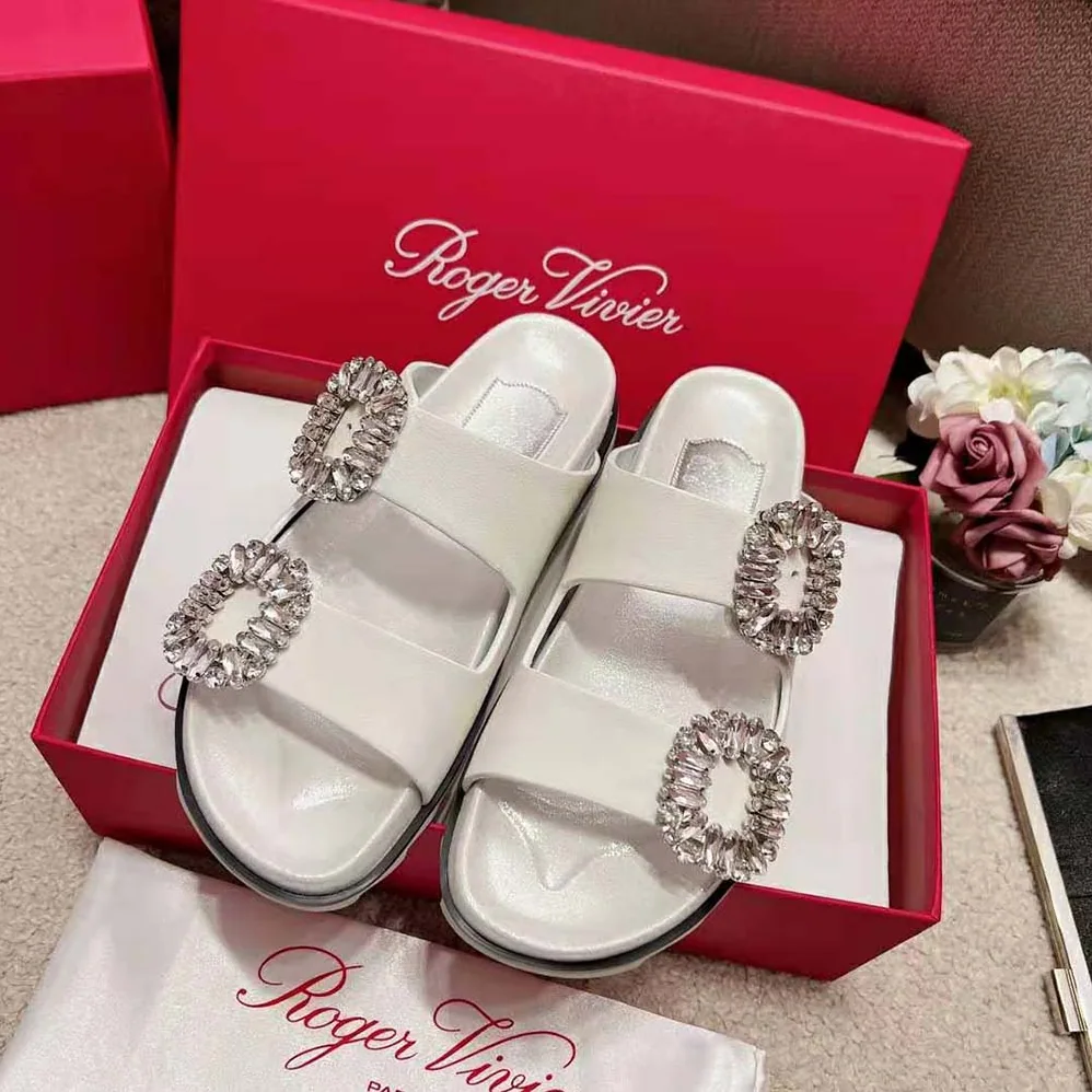Roger Vivier Slidy Viv Strass Buckle Sandals in Fabric for Women in White