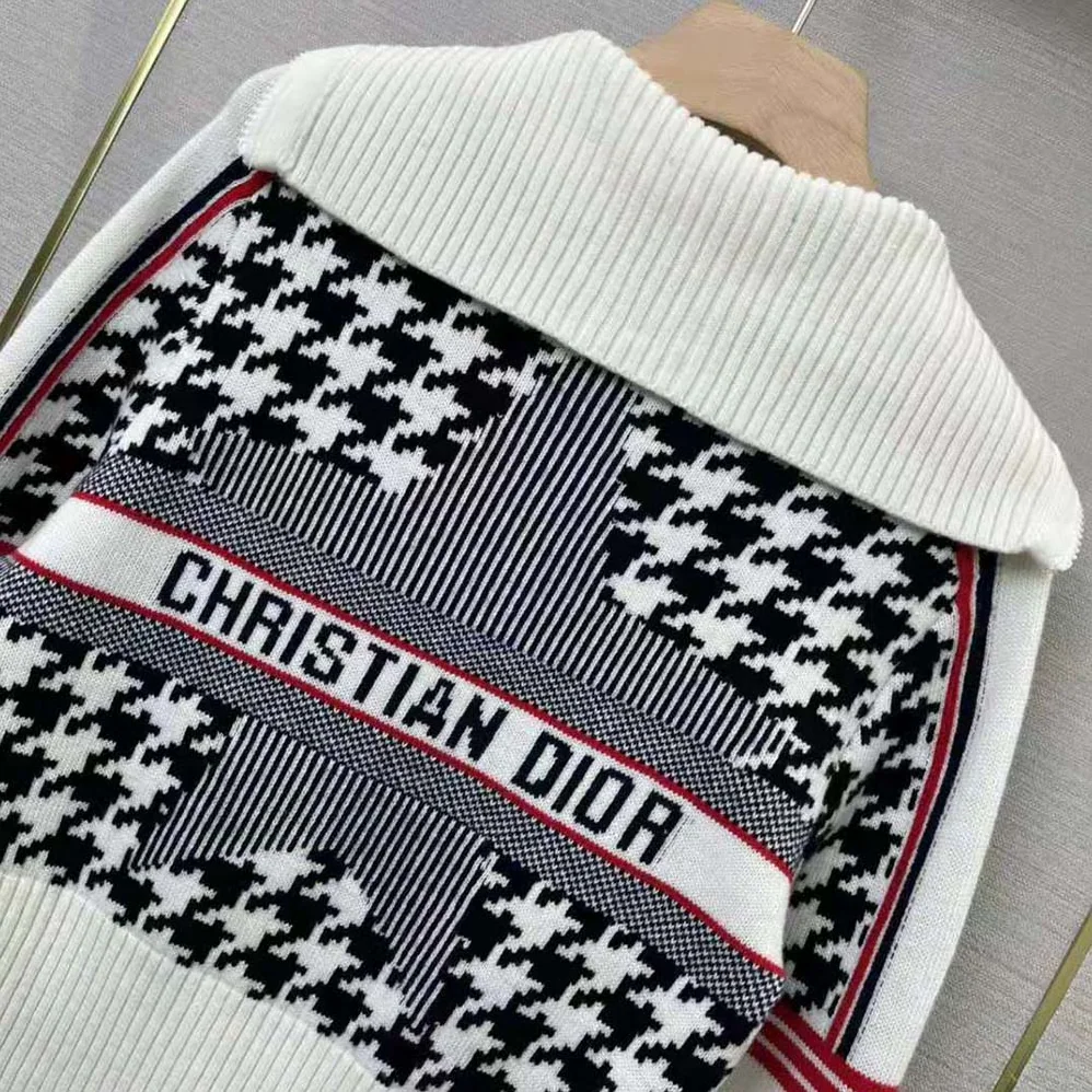 Dior Dioralps Short Cardigan Black and White Houndstooth Wool and Cashmere Knit with Three for Women in Tone Dior Star