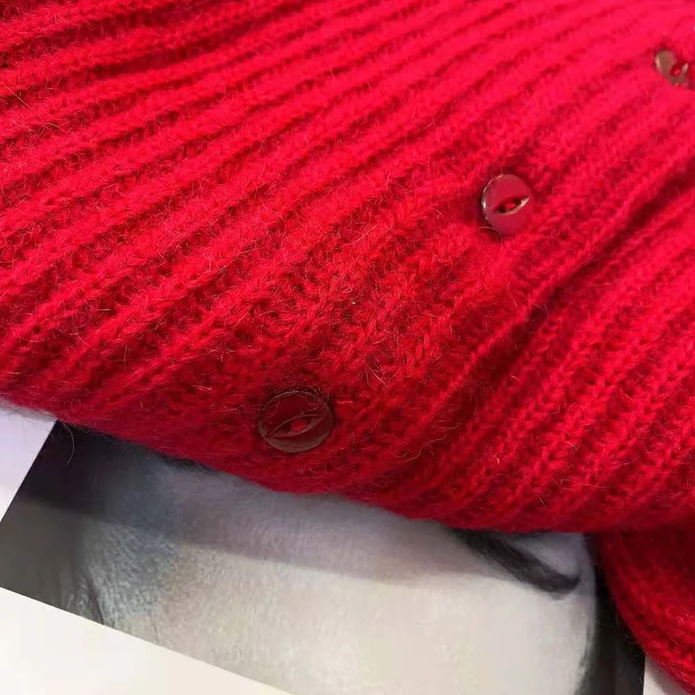 Celine Frilled Collar Cardigan in Silk and Mohair for Women in Red