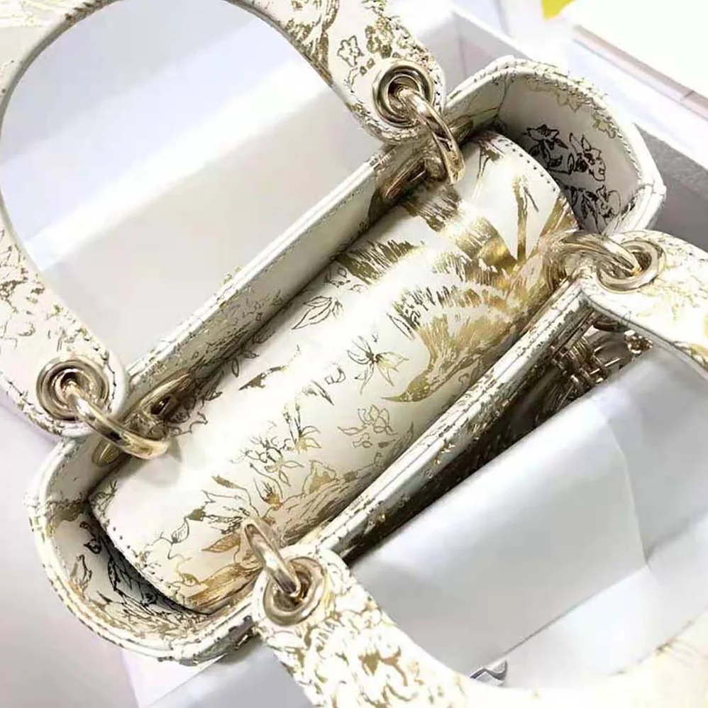 Dior Mini Lady Dior Bag White Calfskin with Gold-Tone Printed and Bead-Embroidered Dior Jardin D'Hiver Motif for Women Dior Mini Lady Dior Bag White Calfskin with Gold-Tone Printed and Bead-Embroidered Dior Jardin D'Hiver Motif for Women