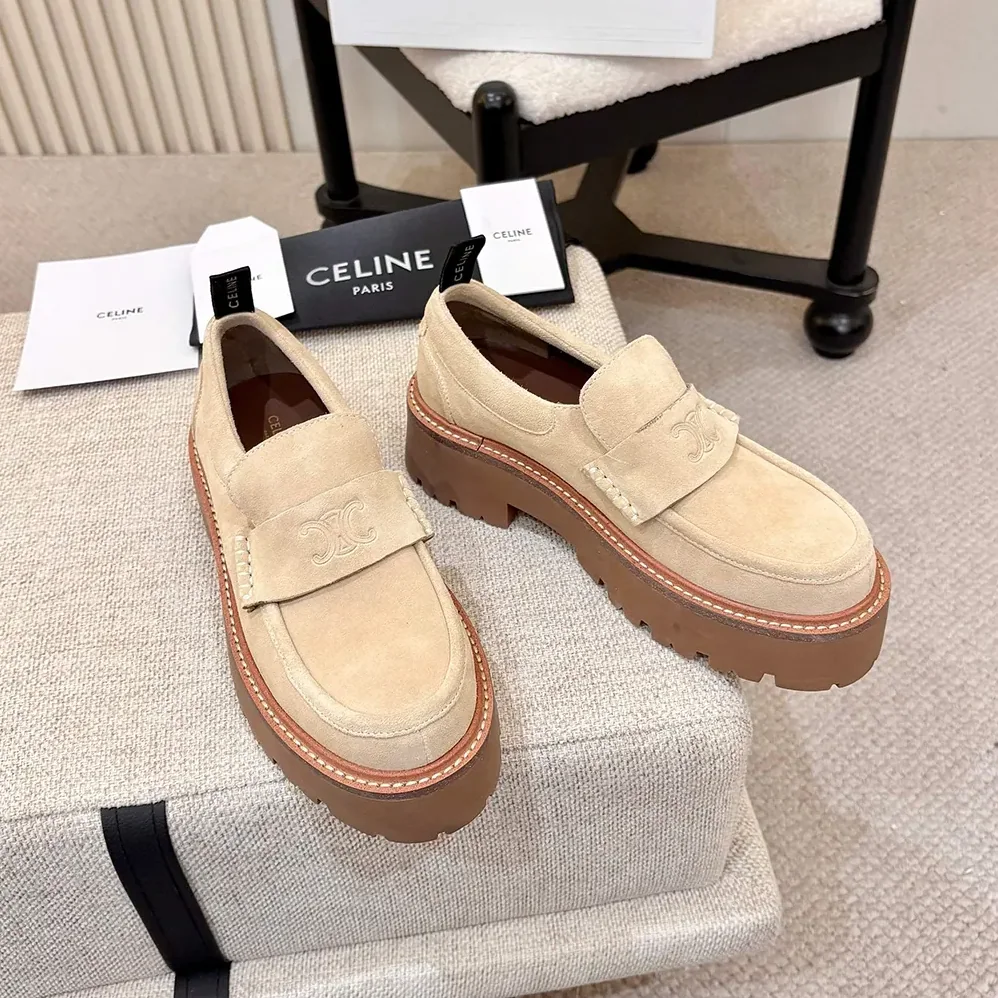 Celine Triomphe Loafers in Suede Calfskin for Women in Beige Celine Triomphe Loafers in Suede Calfskin for Women in Beige