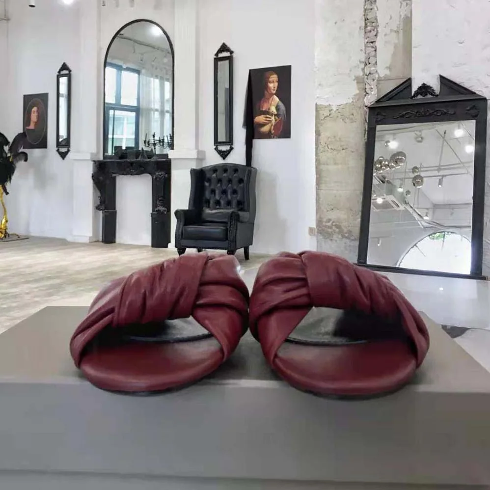Balenciaga Drapy Flat Sandal in Dark Red Smooth Nappa Lambskin for Women