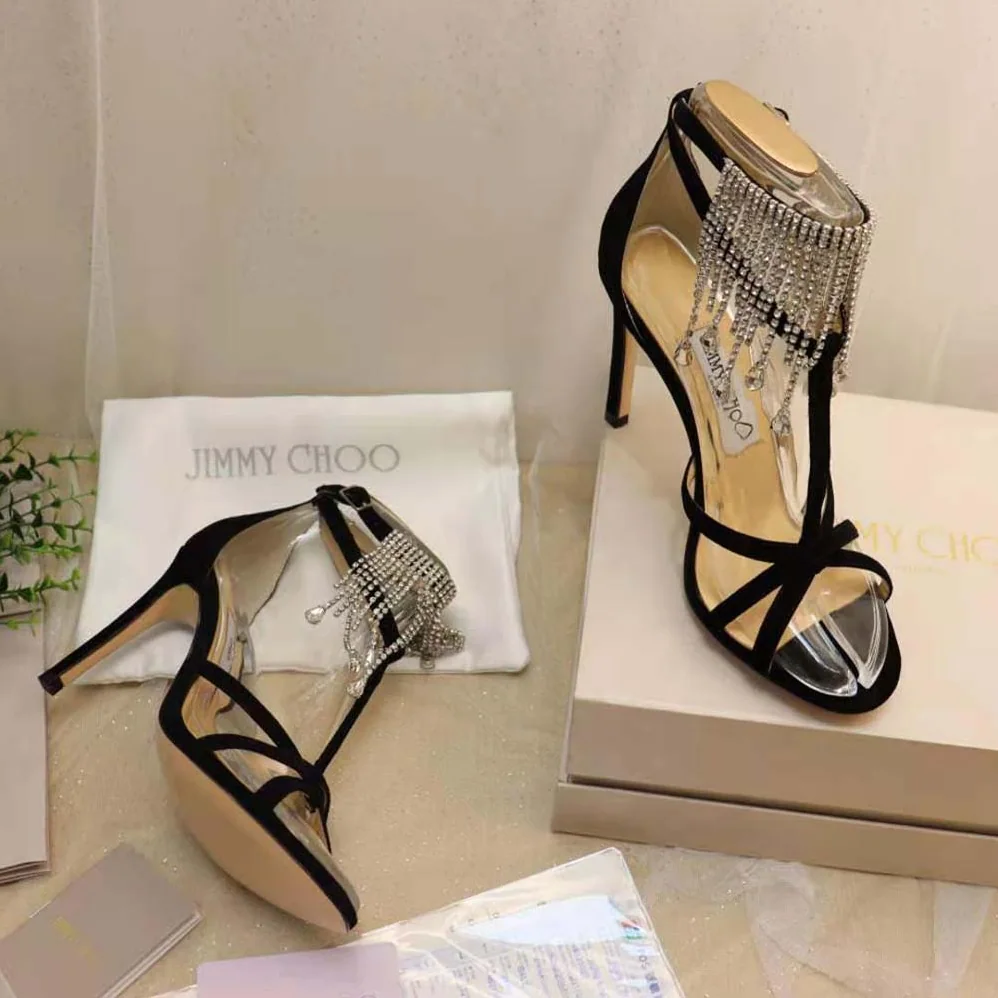 Jimmy Choo Bijou 100 Black Suede Sandals with Crystal Drape for Women