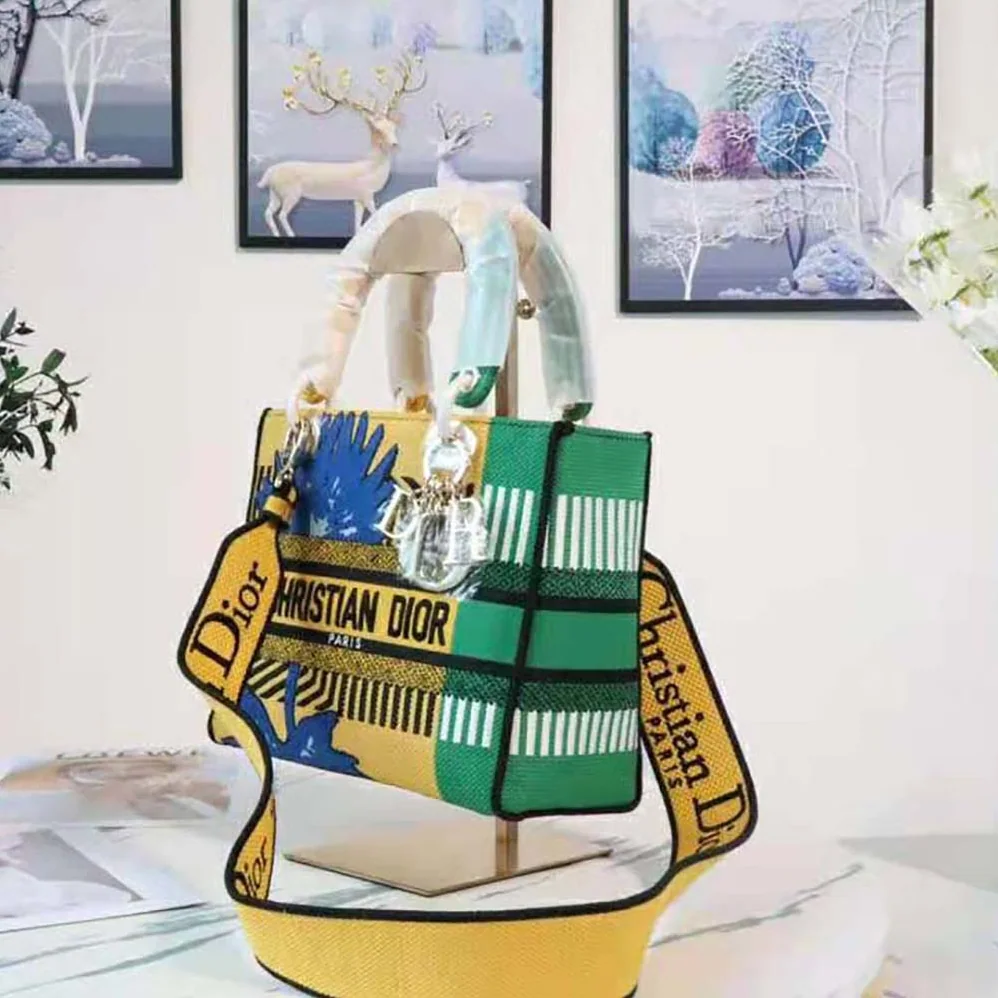 Dior Medium Lady D-lite Bag Bright Yellow and Green D for Women in Flower Pop Embroidery Dior Medium Lady D-lite Bag Bright Yellow and Green D for Women in Flower Pop Embroidery