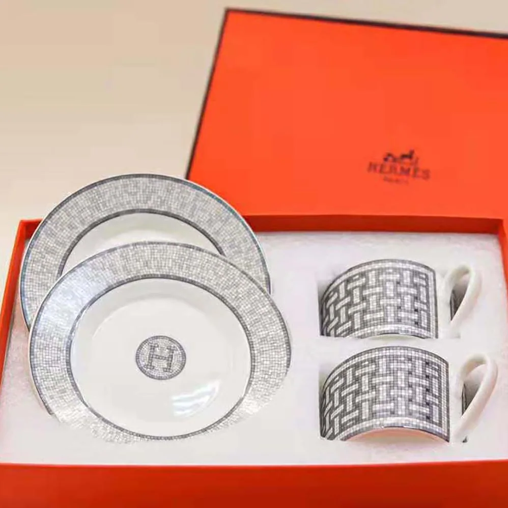 Hermes Mosaique Au 24 Platinum Tea Cup and Saucer for Unisex