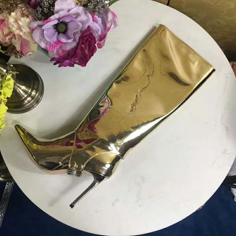 Jimmy Choo Shoes Hurley 100 Gold Liquid Mirror Leather Two for Women in Piece Knee High Booties Jimmy Choo Shoes Hurley 100 Gold Liquid Mirror Leather Two for Women in Piece Knee High Booties