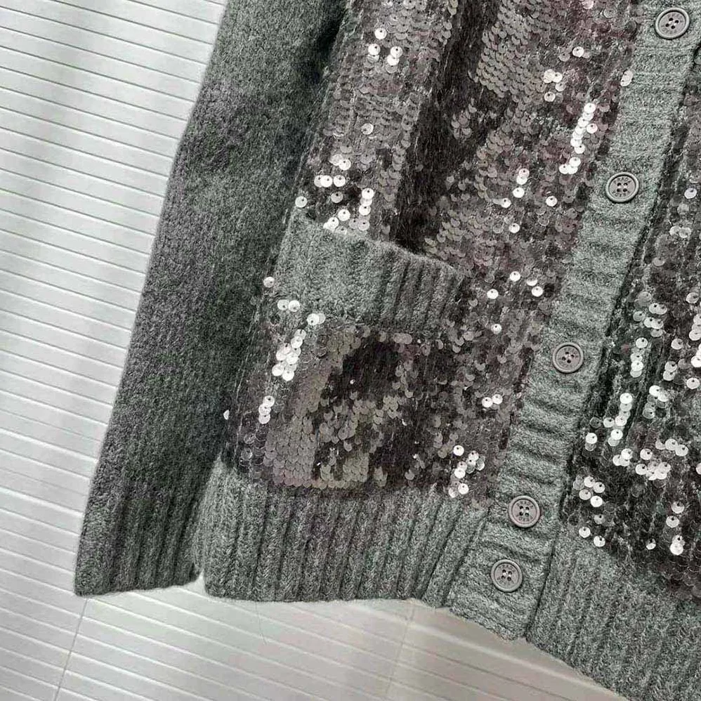 Prada Sequin Embellished Wool Cardigan for Women in Silver Prada Sequin Embellished Wool Cardigan for Women in Silver