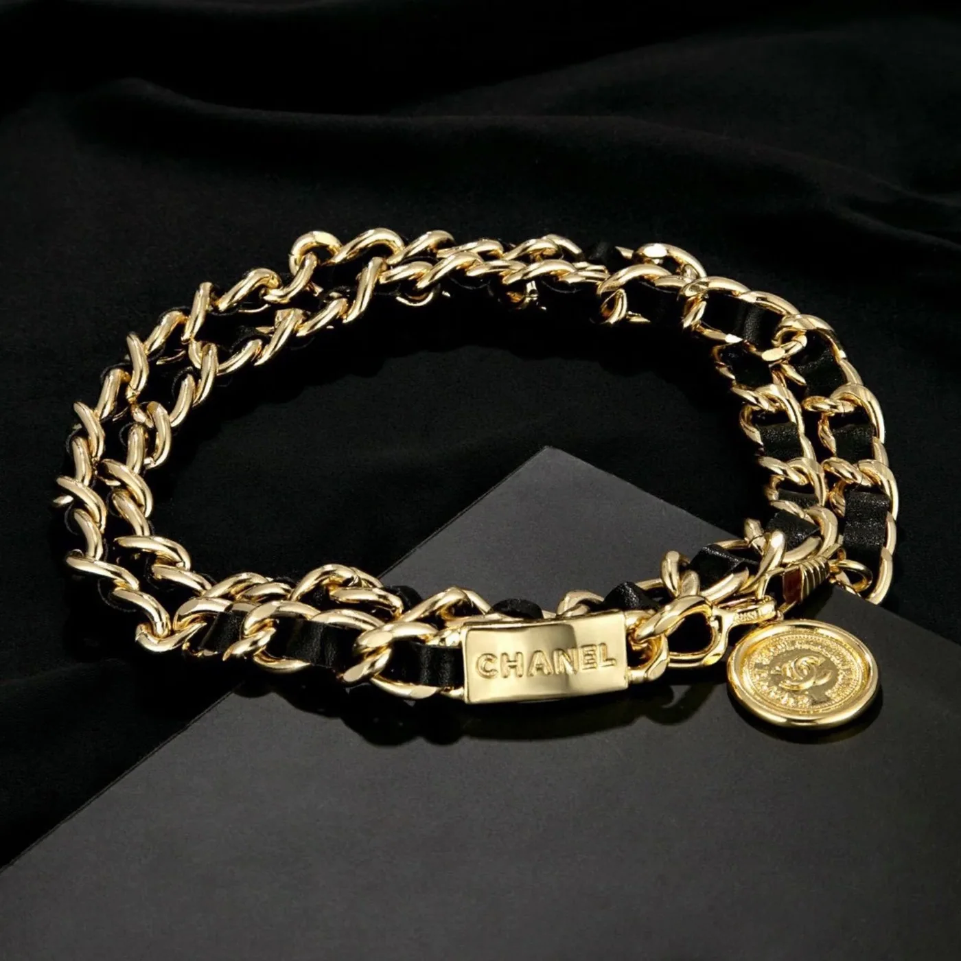 Chanel Iconic Chain Link With Black Leather And Coin Charm