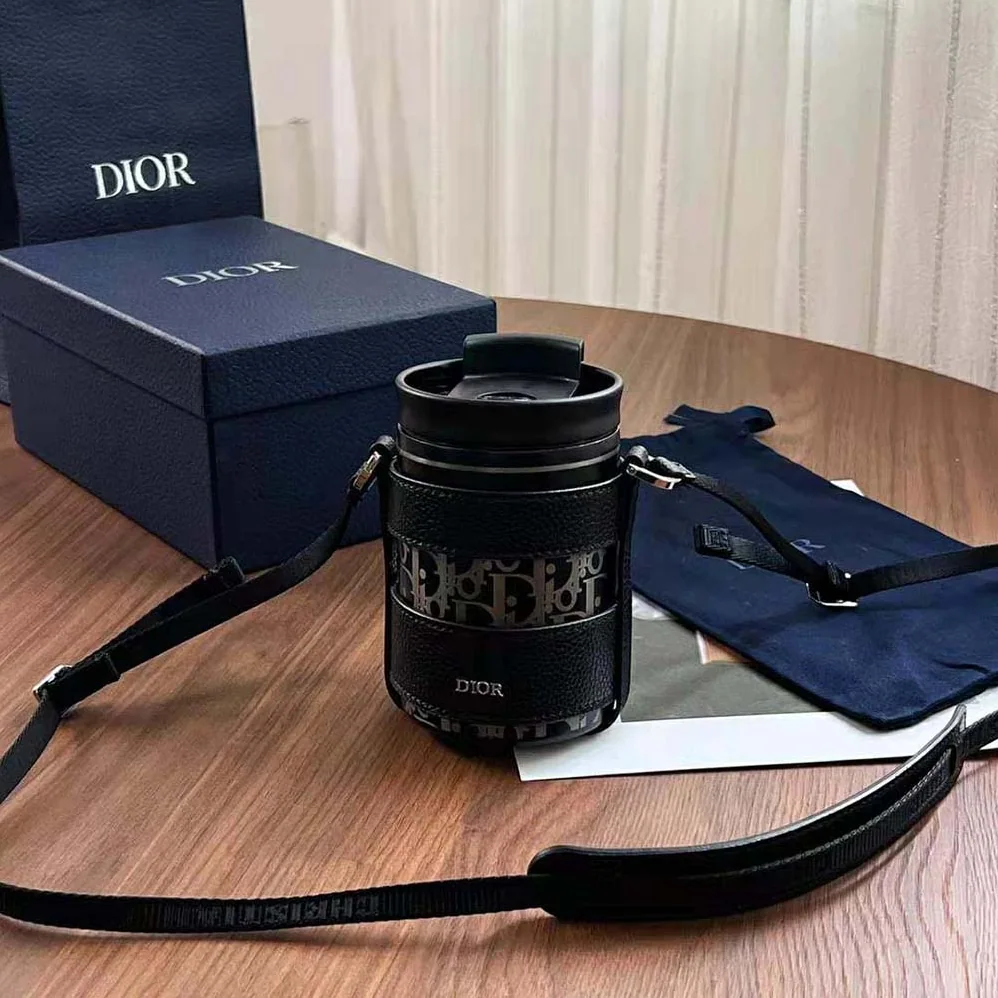 Dior Aqua Mug with Shoulder Strap Black Grained Calfskin and Dior Oblique Stainless Steel for Unisex