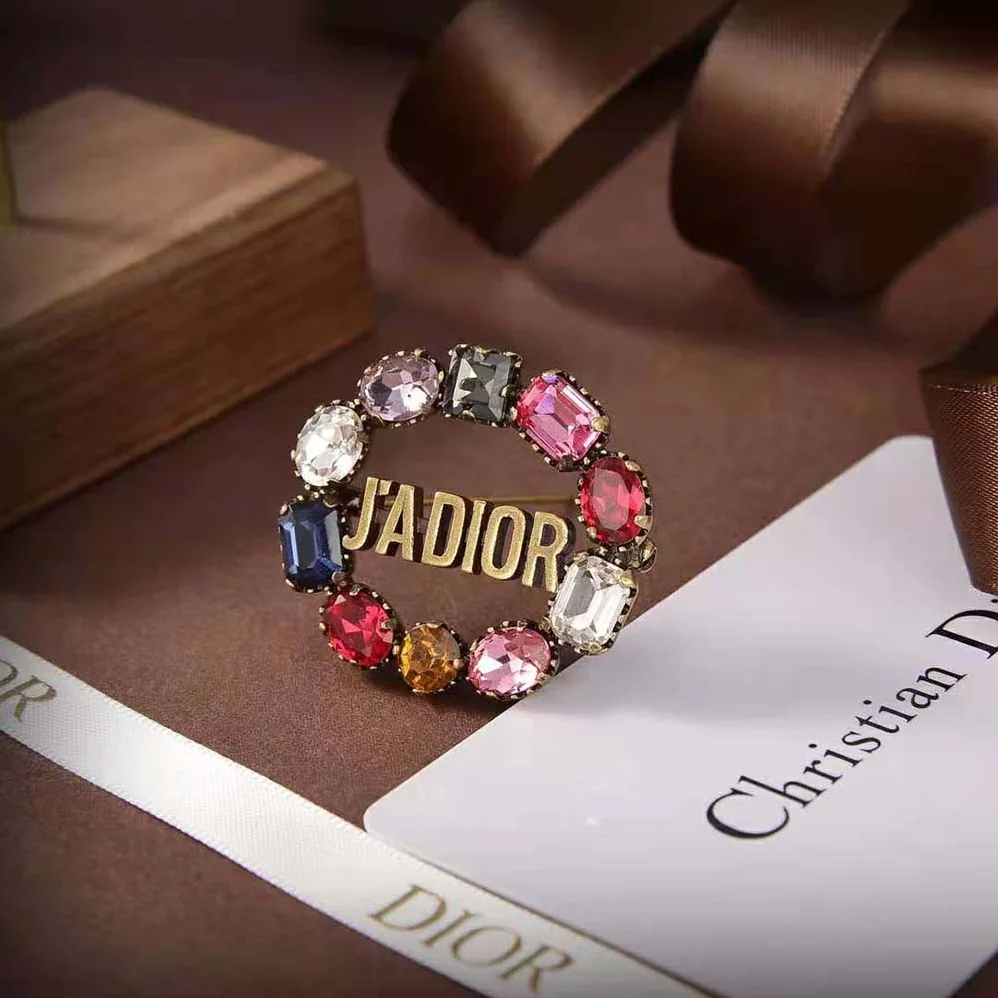 Dior J'Adior Brooch Antique Gold-Finish Metal and Multicolor Crystals for Women