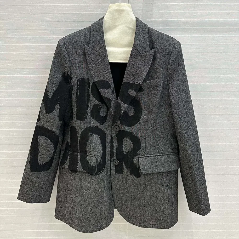 Dior Blazer Gray End-on-End Virgin Wool with Black Miss Dior Graffiti Motif for Women