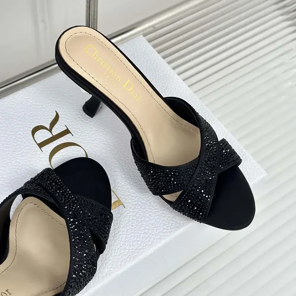 Dior Dior Tribales Heeled Slide Black Suede Calfskin and Strass for Women