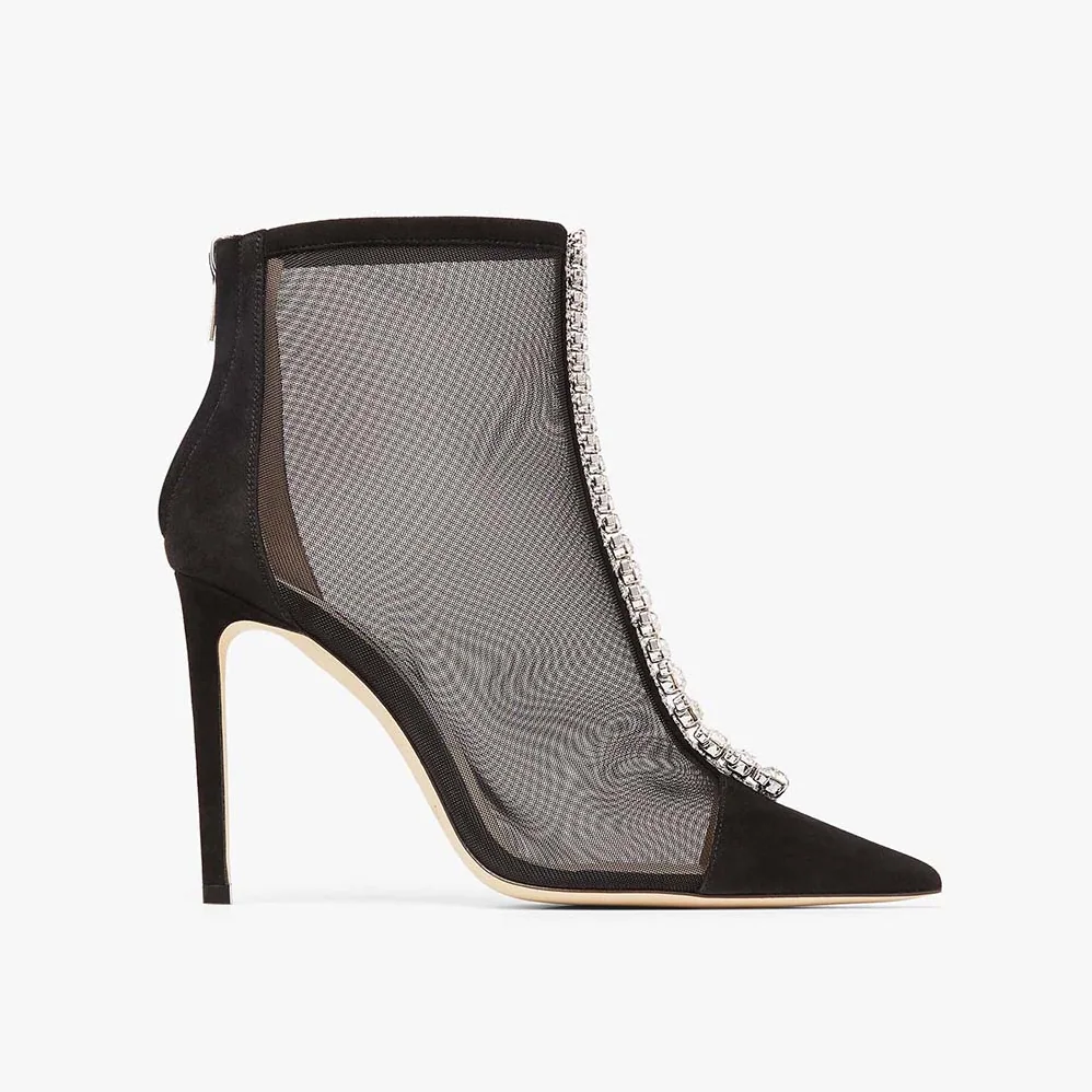 Jimmy Choo Bing Boot 100 Black Suede and Mesh Ankle Boots with Crystal Embellishment for Women