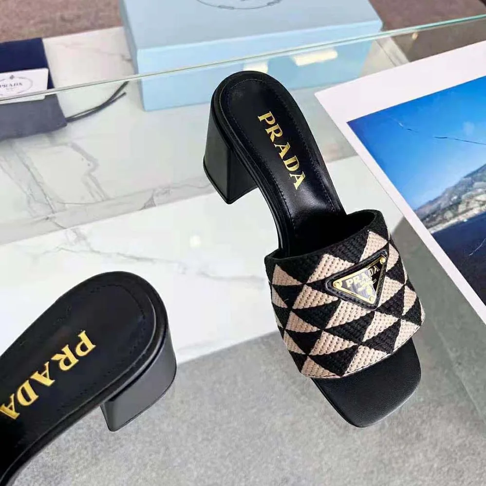 Prada Embroidered Fabric Sandals for Women in Black