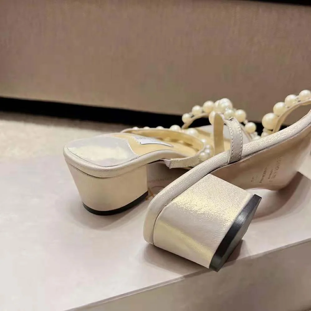 Jimmy Choo Amara 45 Champagne Shimmer Suede Mules with Pearl Embellishment for Women Jimmy Choo Amara 45 Champagne Shimmer Suede Mules with Pearl Embellishment for Women