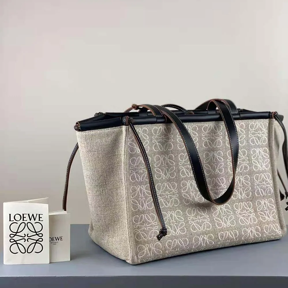 Loewe Cushion Tote Bag in Anagram Linen and Calfskin for Women