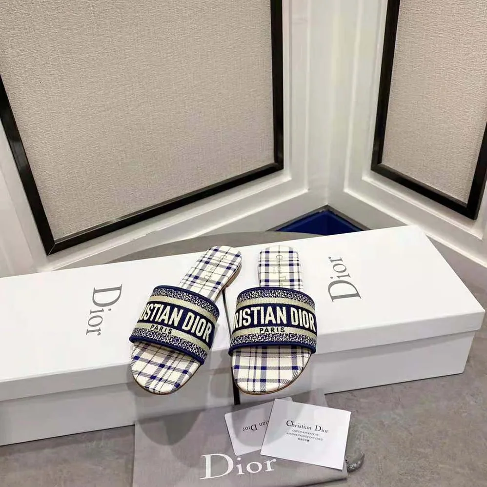 Dior Dway Slide French Blue Check n Dior Embroidered Cotton for Women Dior Dway Slide French Blue Check n Dior Embroidered Cotton for Women